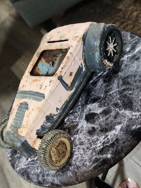 Unbranded Blue & Cream Vintage Car Sculpture Accent.  This Guy Needs Rescued!